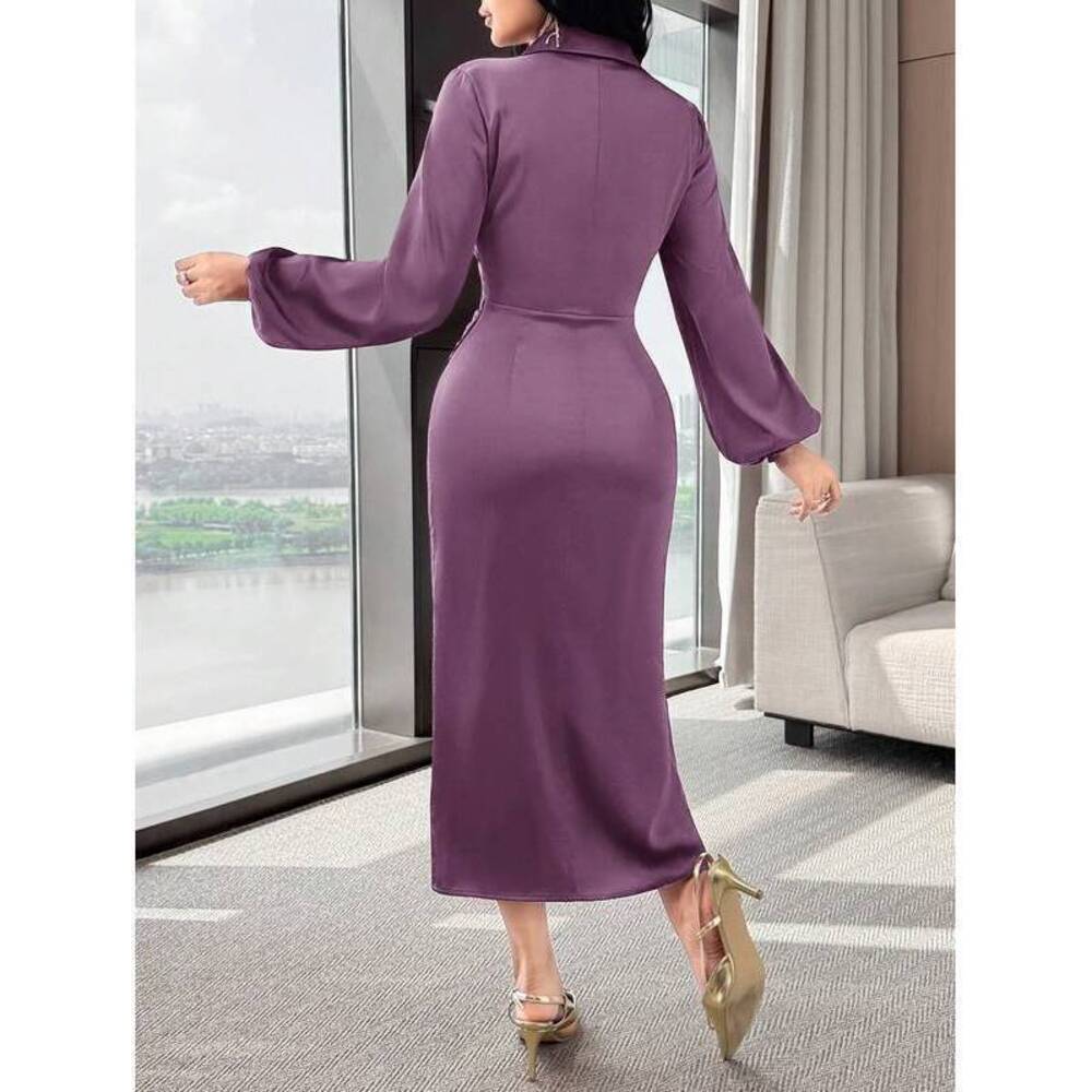 Modelyn New V-Neck Long Sleeve Ruched Cinched Waist Burgundy Party Dress - Picture 6 of 6
